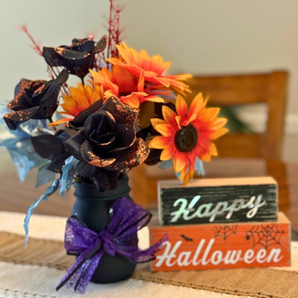 Halloween Faux Floral Arrangement in Mason Jar - Home Holiday Decor
